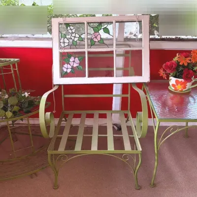 Metal Sage Green Armchair with Glass, Top Side Table, and Metal Three Tier Plant Stand.          