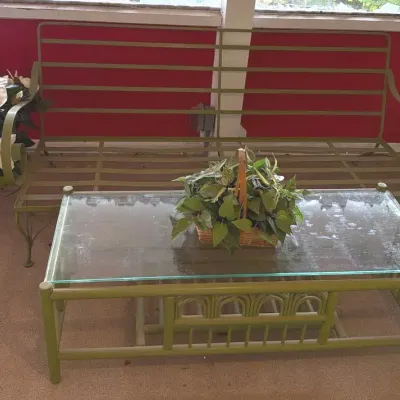 Vintage Sage Green Metal Slat, Patio Sofa, Matching Glass Top Coffee Table *Planter