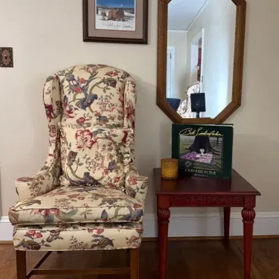 Reddish Vintage Wingback Armchair Floral Print, *Bob Timberlake Print & Book*, Wood End Table