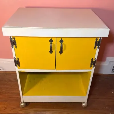Vintage Yellow & White  Mobile Cabinet on Brass Casters & Metal Hardware 