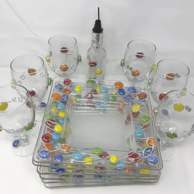 Artisan Fused Glass Dishes Wine Glasses, Featuring Colorful Beaded Wire Wrapped 