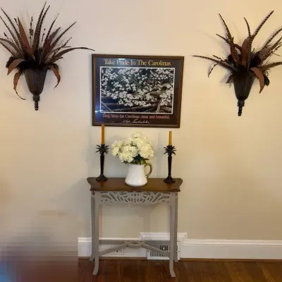 Bob Timberlake Picture, Hallway Table, Wall Decor with Case, and Metal Palm Tree Candle Sticks 