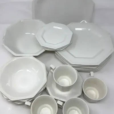 Johnson Brothers White Ironstone Oval Plates, Bowls, Cups and Saucers, Platter and Saucers