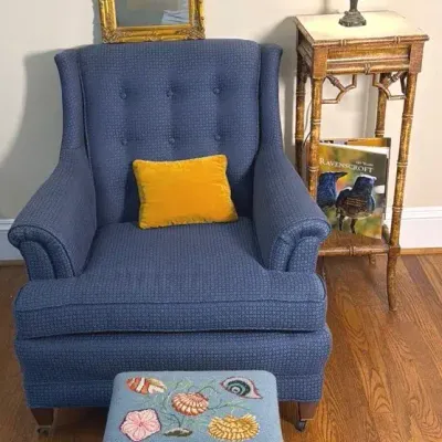 No Name Blue Arm Chair with Pillow, Small Mirror, Foot Stool, Tall Shelf, Small Lamp (Does Work)