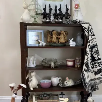 Bunny Decor With Shelf, Art Work by Anita Jerman, Wood, Ceramic, Glass and More