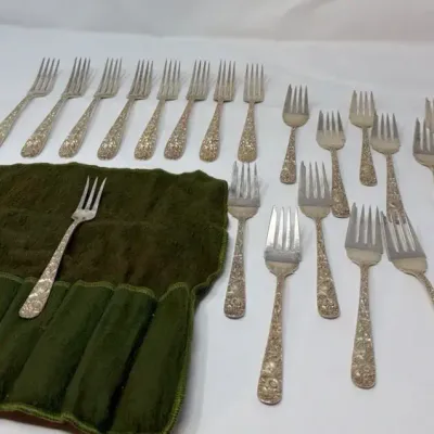 S. Kirk & Sons - 21pc Repousse Sterling Silver Forks  - 761 Grams - 25.5 Oz 