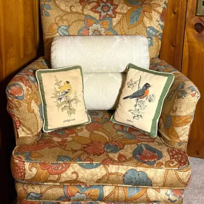 Vintage Pennsylvania House Upholstered Lounge Chair Ft a Vibrant Orange and Blue Floral Pattern