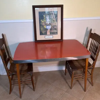 MCM Formica Topped Kitchen Table w/ Chrome Trim  - 2 Wooden Lattice Bottom Chairs - Bob Timberlake 
