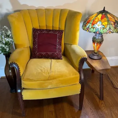 Yellow Chair with Burgundy Pillow, Solid Wood Side Table, Vintage Tiffany Style Lamp Tall Red Base 