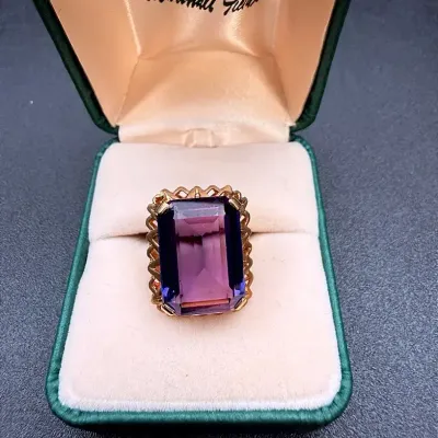 Vintage 10K Yellow Gold Amethyst Cocktail Ring, Emerald Cut 