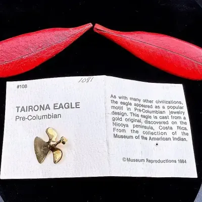 Tairona Eagle Pin And Two Gene Chinnock Wood Red Feather Pins