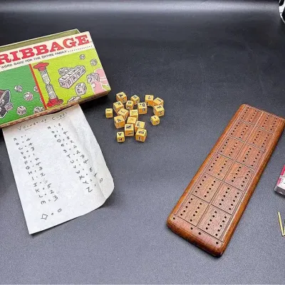 Vintage Scribbage Game, Vintage Pinocchle Playing Cards And A Wooden Cribbage Board