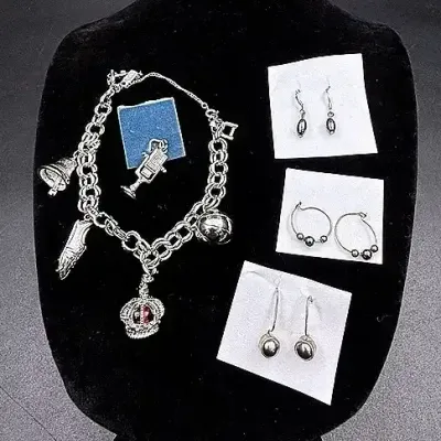 Monet Charm Bracelet And Charcoal Gray Colored Bead Earrings