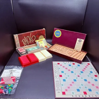 Vintage Rack-o Game, Vintage Scrabble Game And Vintage Sorry Game Cards And Game Pieces