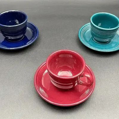Fiestaware Teacup And Saucer Sets In Cobalt, Cinnabar And Juniper