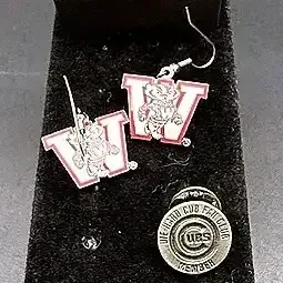 Wisconsin Badger Dangle Earrings, Pewter Cub Fan Pin, American Flag Pin And Karatclad Ring