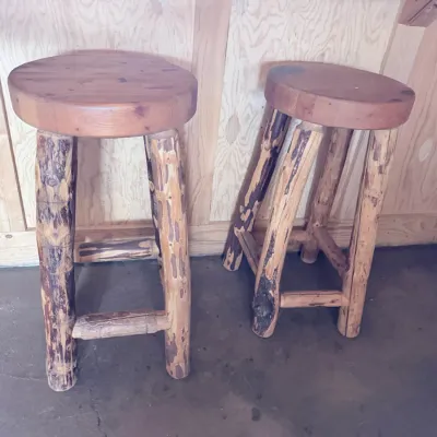 Sale Photo Thumbnail #2: Wood cabin style rustic bar stools. Set of 2.