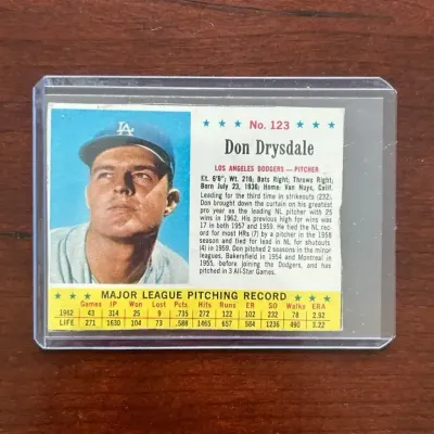 1963 Post Cereal Baseball Card. Don Drysdale - Los Angeles Dodgers. Card #123
