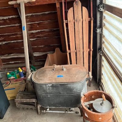 Sale Photo Thumbnail #4: Vintage tub, ice cream maker, sled, etc.