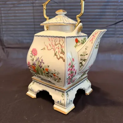 Vintage Asian Style Porcelain Teapot with Brass Handle & Matching Warming Stand – Floral Garden Desi