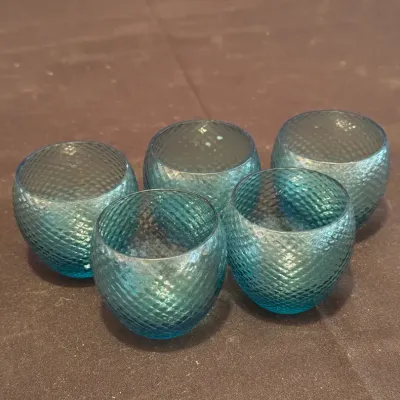 Vintage Empoli Italy Diamond Point Blue Glass Tumblers - Set of 5
