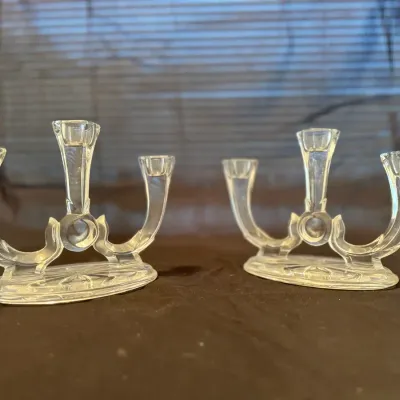 Vintage Pair of Clear Glass 3-Light Candle Holders – Elegant Art Deco Style Candlesticks