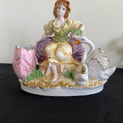 Vintage Hand-Painted Porcelain Lady with Swan & Chick Planter Figurine – Decorative Vase Centerpiece