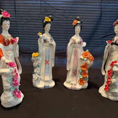 Set of 4 Vintage Oriental Porcelain Lady Figurines with Hand-Painted Floral Details