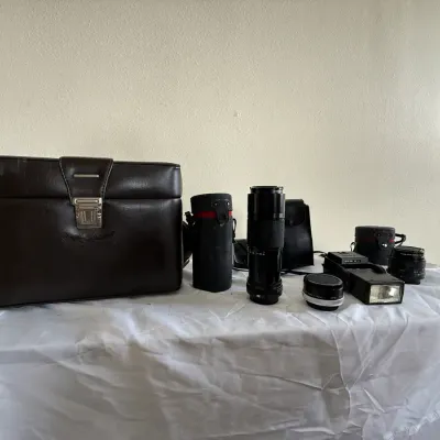 Vintage Camera Lens & Photography Accessories Lot – 70-150mm Lens, Flash & Cases