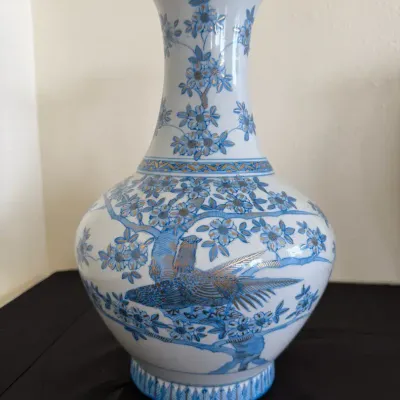 Vintage Blue & White Porcelain Vase with Bird & Cherry Blossom Design – Gold Accent Decorative Vase