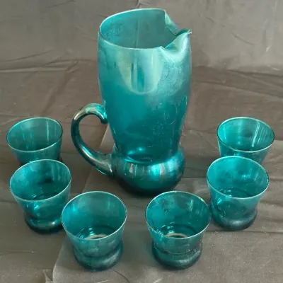 Vintage Mid-Century Modern Blenko-Style Teal Glass Pitcher & Tumbler Set (7-Piece)