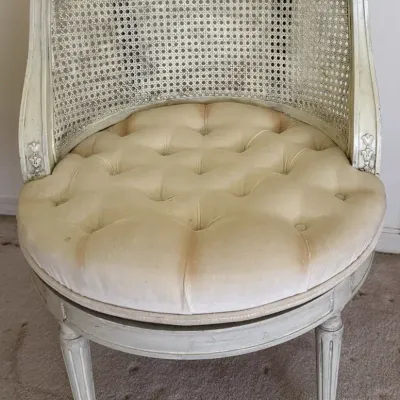 Vintage French Provincial Cane Barrel Chair – Tufted Vanity Accent Seat