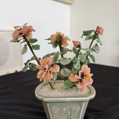Vintage Jade Stone Bonsai Tree with Pink Blossoms in Celadon Ceramic Planter – Asian Table Decor