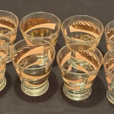 Vintage Fred Press Signed Mid-Century Clear & Pink, Gold Feather Cordial Glasses - Set of 8