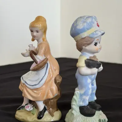 Set of 2 Vintage Porcelain Figurines – Girl with Basket & Little Boy Figurine Home Decor