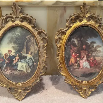 Vintage Italian Ornate Gold Gilt Oval Wall Frames with Romantic Courting Prints - Set of 2