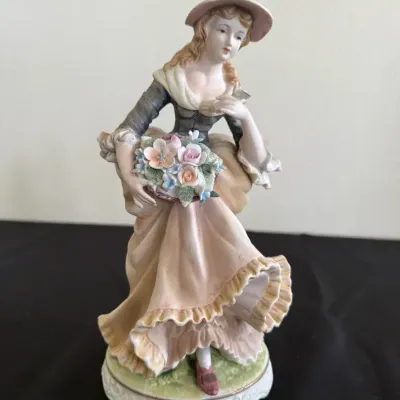 Charming Vintage Porcelain Figurine: Lady with Floral Basket & Bonnet