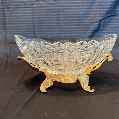 Vintage Cut Crystal Oval Bowl with Ornate Gold-Tone Metal Stand – Centerpiece Candy Dish