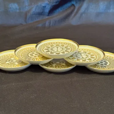 Set of 6 Vintage Porcelain Coasters with Gold Geometric Pattern in Original Box