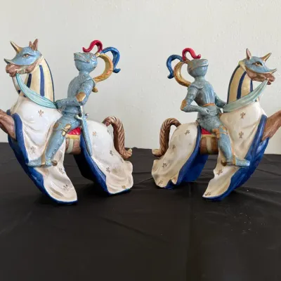 Vintage Pair of Hand-Painted Ceramic Medieval Knight on Horse Figurines – Decorative Collectible Set