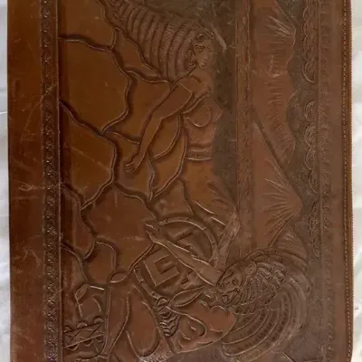 Vintage Mexican Tooled Leather Portfolio Case – Aztec Calendar & Mesoamerican Design