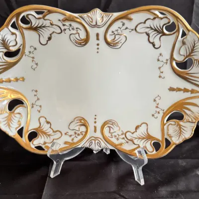 Antique German Reticulated Porcelain Platter – Elegant White & Gold Shell Motif