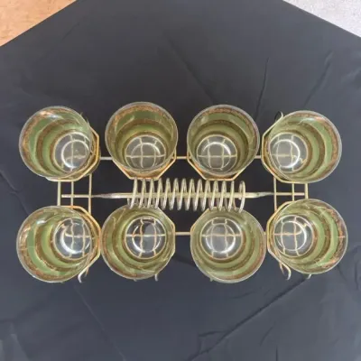 Vintage Culver Starlyte Green Gold Style Glasses with Brass Caddy