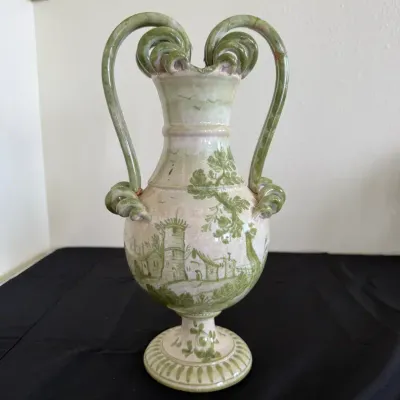 Vintage Hand-Painted Ceramic Urn Vase with Double Scroll Handles – Green & Ivory Decorative Vase