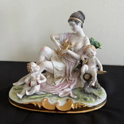 Vintage Italian Porcelain Figurine – Classical Lady with Lyre & Musical Cherubs / Putti