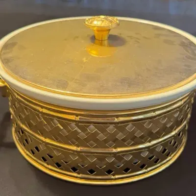 Vintage Hall China No. 68 Gold Faux Bamboo Lattice Covered Casserole Dish