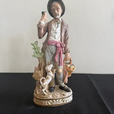 Vintage Capodimonte Style Figurine – Old Peddler with Pipe, Basket, and Dog – Hand Painted Ceramic