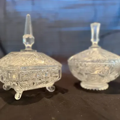 Vintage Clear Pressed Glass Covered Candy Dishes – Set of 2 Decorative Trinket Boxes