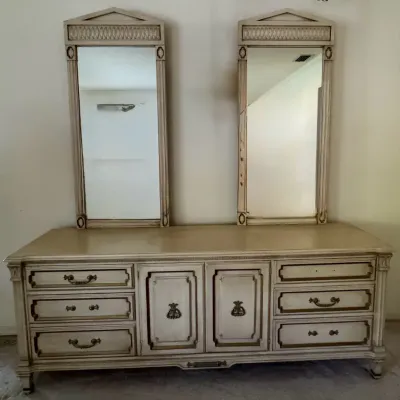 Vintage French Provincial Triple Dresser with Twin Mirrors – Credenza Buffet