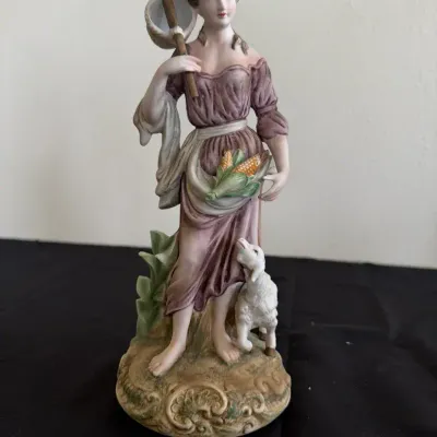 Vintage Victorian Style Porcelain Lady Figurine with Lamb & Harvest Basket – Hand Painted Decorative